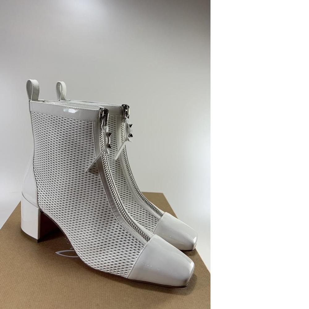 Kimi 55mm White Net Patent Leather Mesh Zip Up White Boot Booties E131